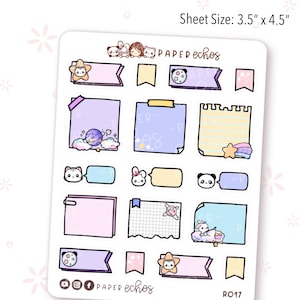May include: A sticker sheet featuring various planner stickers with a cute, whimsical theme. The stickers include banners, notepads, and speech bubbles, adorned with stars, planets, and adorable animal characters. The sheet size is 3.5" x 4.5". The brand name "PAPER echos" is visible.