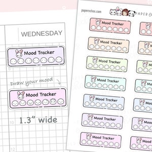 May include: A set of eight printable mood tracker stickers featuring a cute bunny design. Each sticker has a row of eight blank circles for tracking mood. The stickers are 1.3 inches wide and are labelled "Mood Tracker".