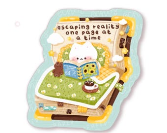 Reading Book / Escaping Reality Cat Character Waterproof Vinyl Die Cut Sticker /D159