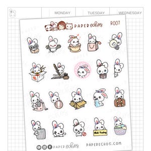 May include: A sheet of 20 stickers featuring cute white bunnies with different accessories and activities. The stickers are designed in a cartoon style and are perfect for adding a touch of whimsy to planners, journals, and other paper goods. The stickers are labeled "PAPER echos R007".