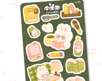 Bunny Reading Cozy Day / Reading Bookworm Character Deco Planner Stickers / L076