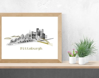 Panorama Pittsburgha | Dzieło sztuki z Pittsburgha | Wydruk z Pittsburgha | Wydruk artystyczny | Grafika ścienna | Prezent na parapetówkę | Pobieranie cyfrowe | Wydruk z Pittsburgha