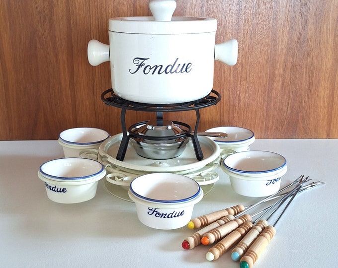Vintage As New Enamel Fondue Set / Retro Fondue Set / Fondue Set with Metal Stand and Ceramic Bowls / Complete Fondue Set