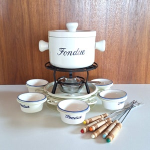 Vintage As New Enamel Fondue Set: Retro Japan Fondue Pot with Ceramic Bowls and Forks