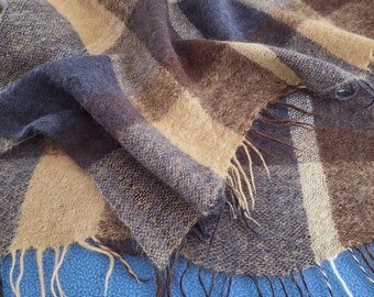 Vintage Navy Blue Brown Cream Checked Mohair Wool Blanket / Double Size Bed Throw / Single Mohair Blanket / Blue Mohair Throw Blanket