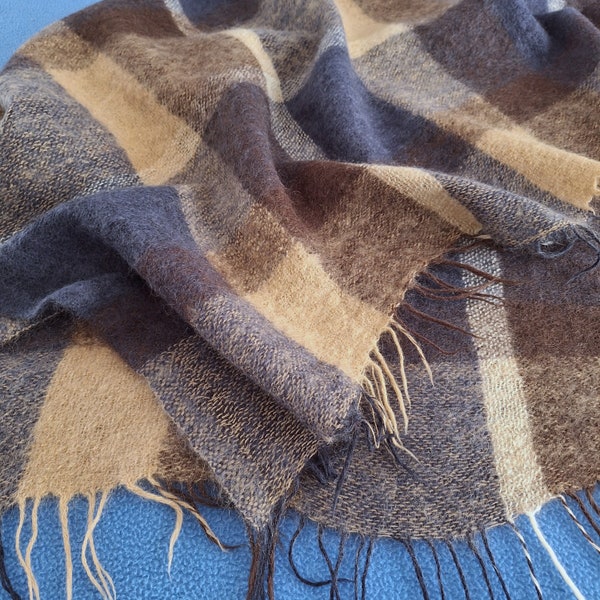 Vintage Navy Blue Brown Cream Checked Mohair Wool Blanket / Double Size Bed Throw / Single Mohair Blanket / Blue Mohair Throw Blanket