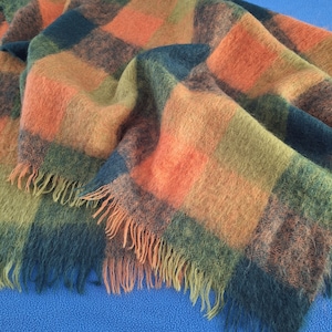 Vintage Green Orange Checked Mohair Wool Blanket / Double Size Bed Throw / Single Mohair Blanket / Green Mohair Throw Blanket