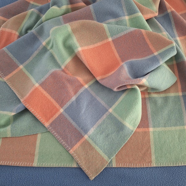 Vintage Large Single Double Bed Blanket / Pink Green Mauve Checked Blanket / Pure Wool Blanket / Double Bed Throw / Single Woollen Blanket