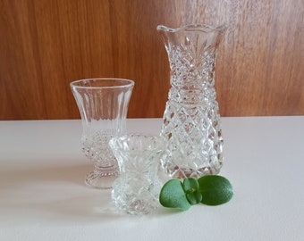 Vintage Set of 3 Mismatched Diamond Cut Glass Flower Vases / Bud Vases / Pressed Glass Vases