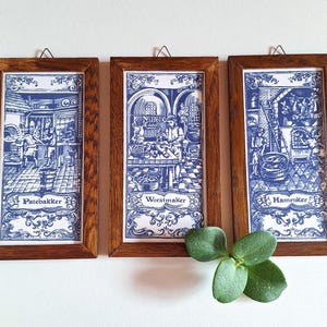 Vintage Set of 3 Delft Blue Tile Set - Framed Delft Tiles - Hamroker - Worstmaker - Patebakker