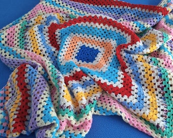 Vintage Large Multi Coloured Crochet Blanket / Afghan Granny Blanket / Crochet Throw Rug / Crochet Bed Spread