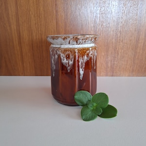 May include: A brown ceramic jar with a white and brown dripped glaze design. The jar has a hexagonal shape and a small green plant is next to it. The background is a wooden panel.