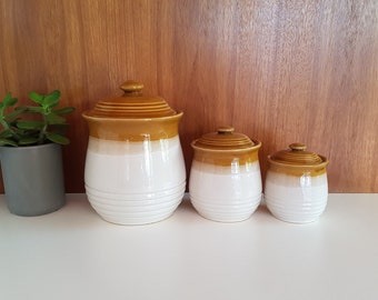 Vintage Set Of 3 Ceramic Pottery Kitchen Canisters / Ceramic Kitchen Storage Jars / Bulk Food Storage Canisters / Ceramic Food Canisters