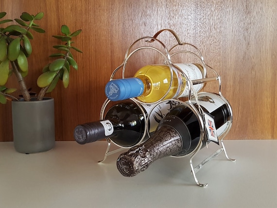 Vintage Silver Plated 3 Bottle Wine Rack With Carry Handle Metal
