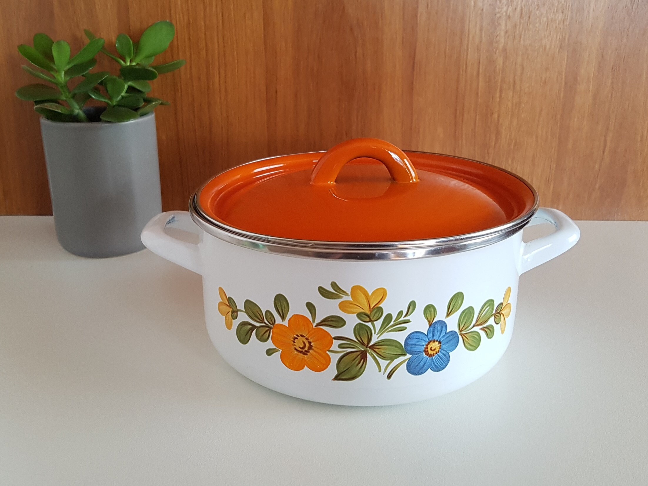 Vintage Large Enamel Dutch Oven Cooking Pot, Green With Retro Floral  Design. 