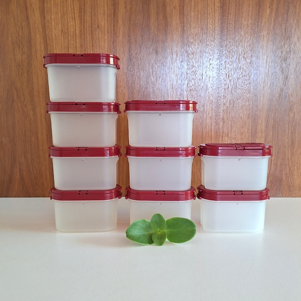 Vintage Set of 9 Tupperware Spice Containers / Burgundy Tupperware / Modular Spice Canisters / Stacking Storage Containers