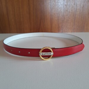 Vintage 80s Lanvin Red Leather Belt: Adjustable Gold Buckle 