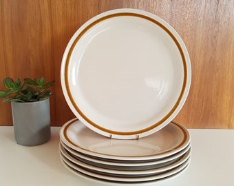 Juego vintage de 6 platos llanos grandes de gres auténtico, color vainilla y especias, fabricados en Japón.