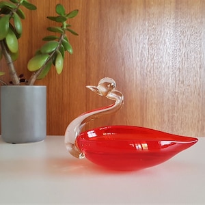 Vintage Red Glass Swan Bowl: Handblown Heron Figurine Dish