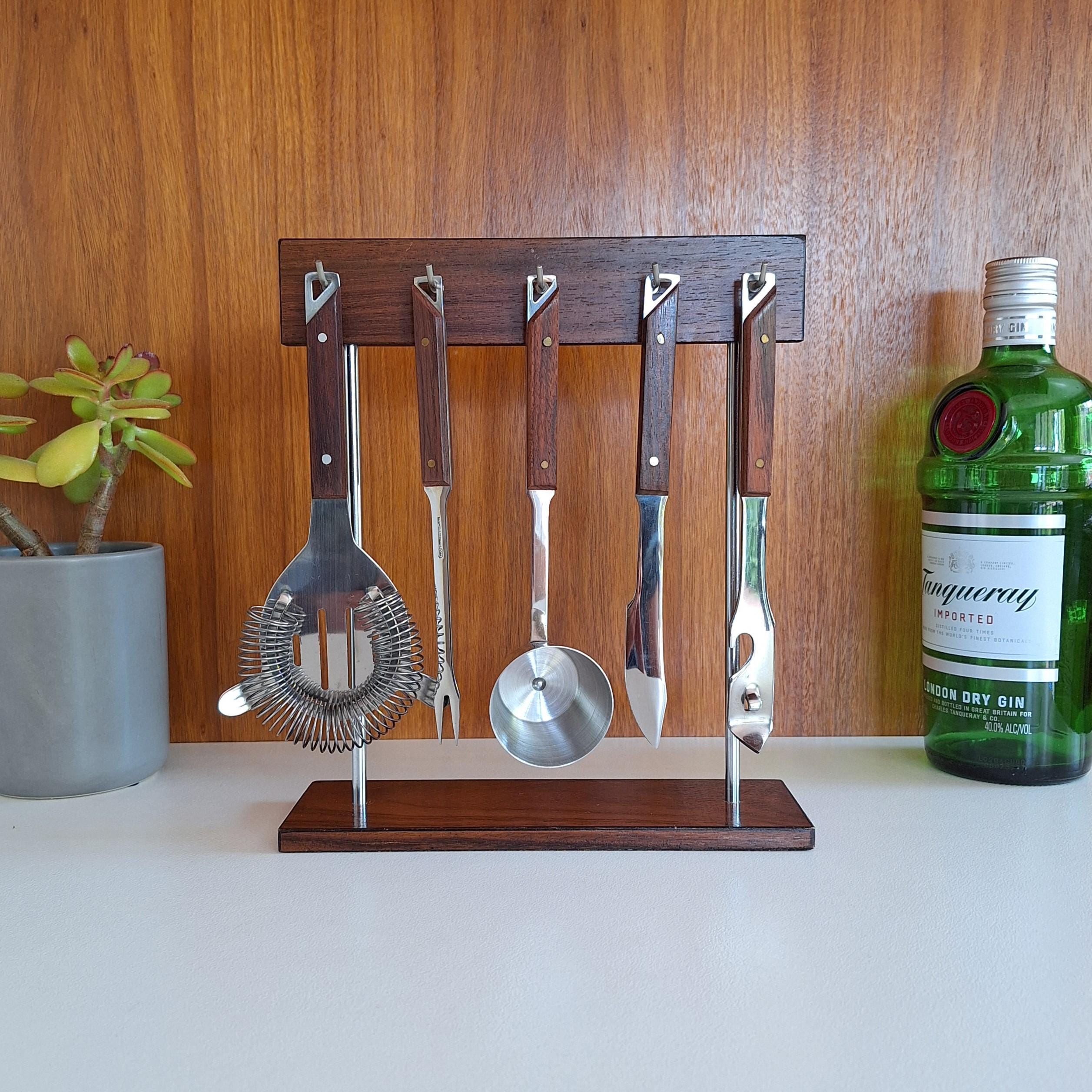 Vintage 60s as New Piece Stainless Steel Rosewood Handle Bar Set - Main Image