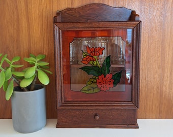 Vintage Large Wooden Spice Rack with Floral Stained Glass Doors with Original Unused Jars and Labels