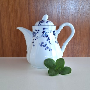 May include: White porcelain teapot with a lid, adorned with blue floral patterns. The teapot features a curved spout and handle, and is set against a wooden background. A sprig of green leaves rests in front of the teapot.