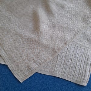 Vintage Oatmeal Linen Tablecloth: Geometric Woven Cotton, 51x58 in