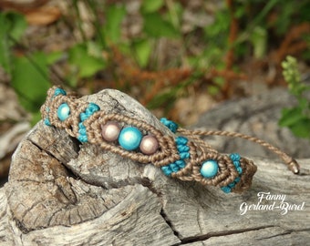 Pae miti - ethnic and exotic macramé weaving bracelet - beige and turquoise