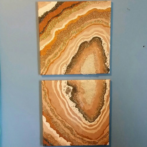 Cream And Gold Geode Acrylic, Glass, And Resin Painting, 2 Piece Set, shops Geode, Stone, Gem, Crystal, Hand Painted Canvas Art, Wall Decor
