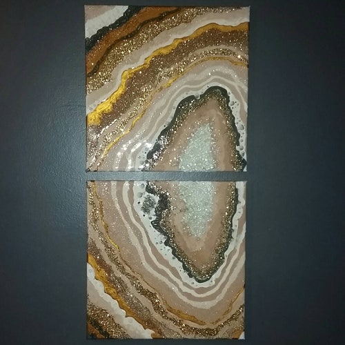 Cream And Gold Geode Acrylic, Glass, And Resin Painting, 2 Piece Set, shops Geode, Stone, Gem, Crystal, Hand Painted Canvas Art, Wall Decor