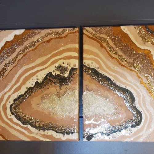Cream And Gold Geode Acrylic, Glass, And Resin Painting, 2 Piece Set, shops Geode, Stone, Gem, Crystal, Hand Painted Canvas Art, Wall Decor