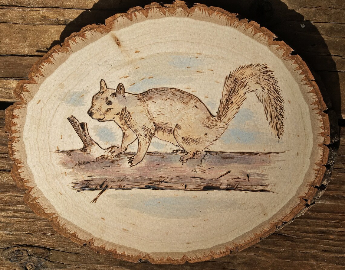 Squirrel Wood Burning Squirrel Pyrography Painted Wood Etsy