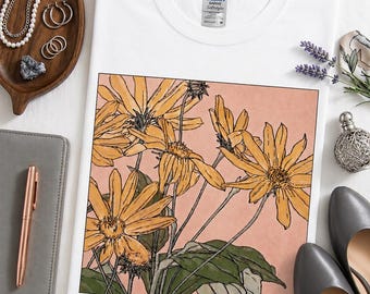 Damen-T-Shirt mit botanischem Sonnenblumenmotiv – Vintage-Jugendstil-Wildblumen-T-Shirt