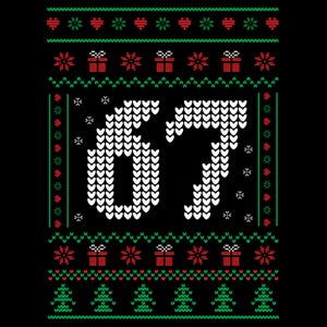 May include: Black background with a festive knitted design. The design includes the number "67" in white, surrounded by red, green, and white Christmas-themed patterns, including gifts, snowflakes, and trees. A holiday-themed sweater.
