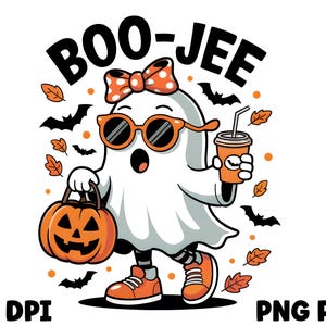 May include: A cartoon ghost wearing sunglasses and an orange bow, holding a pumpkin and a coffee cup. The ghost is surrounded by bats and leaves, with the text "BOO-JEE" above. The image has the text "300 DPI" and "PNG FILE" at the bottom.