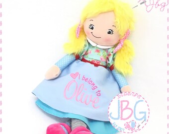 Personalised Blonde Rag Doll, Baby Girls Gift, Birthday present, Embroidered Rag Dolls, Ragdoll