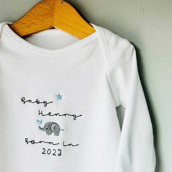 Born in 2023 Personalised Baby Boys Bodysuit - Embroidered Elephant Vest - Delicate Embroidery - Newborn Gift