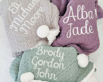 Personalised Cable Knit Blanket - Embroidered baby blanket - Boy or Girl Baby Gift