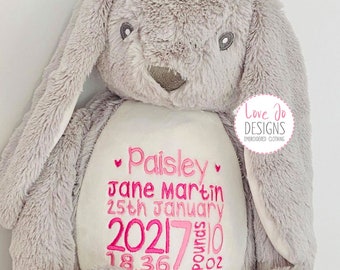 Large Grey Girls Embroidered Bunny - Personalised Teddy Bear Gift