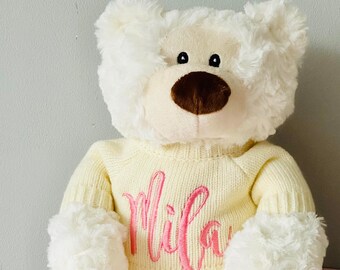 Personalised Classic Teddy Bear - Embroidered jumper - New baby or Christening Gift