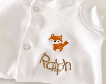 Personalised Baby Fox Sleepsuit, baby grow Sleepsuit, unisex baby gift, embroidered onsie, baby shower, christening gift, baby clothes