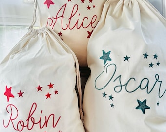 Christmas Personalised Embroidered Sack - Handmade Cotton Natural Bag