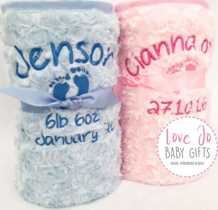 Personalised Embroidered Super Soft Baby Blanket Pink Cream Blue White Newborn 
