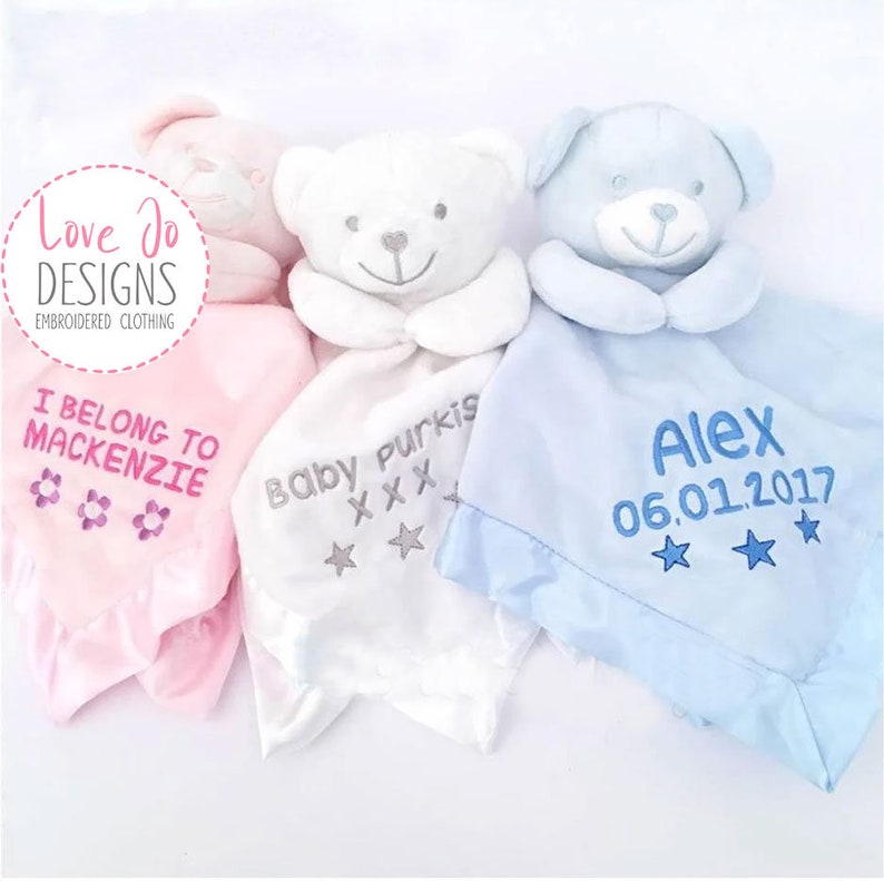 Personalised Baby Comforter, Teddy Bear Comfort blanket, New baby gift, baby boys and girls snuggle teddy, silk backing, teddy bear, blanket image 1
