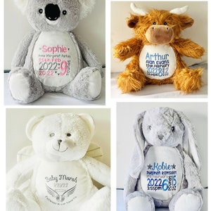 Large Personalised teddy bears, embroidered bears, personalised baby gift, christening or new baby gift, birth stats, any text embroidered image 7