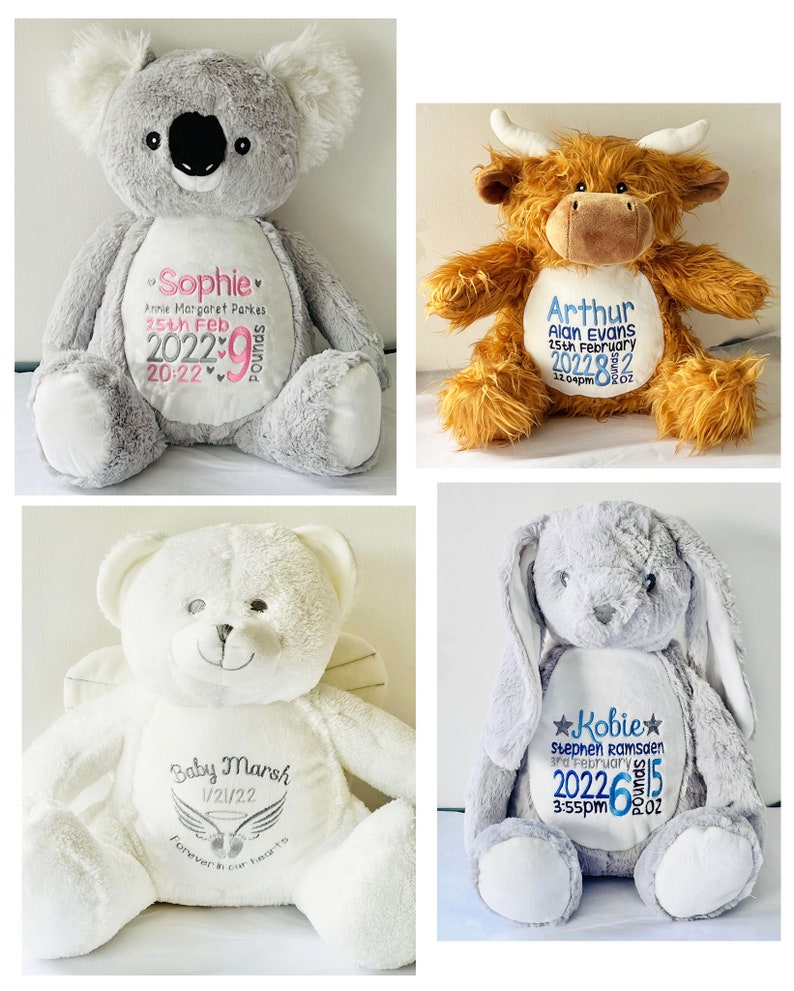 Large Personalised teddy bears, embroidered bears, personalised baby gift, christening or new baby gift, birth stats, any text embroidered image 7