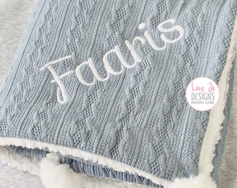 EMBROIDERED CABLE KNIT Blue Blanket - Personalised baby blanket - Boys Baby Gift