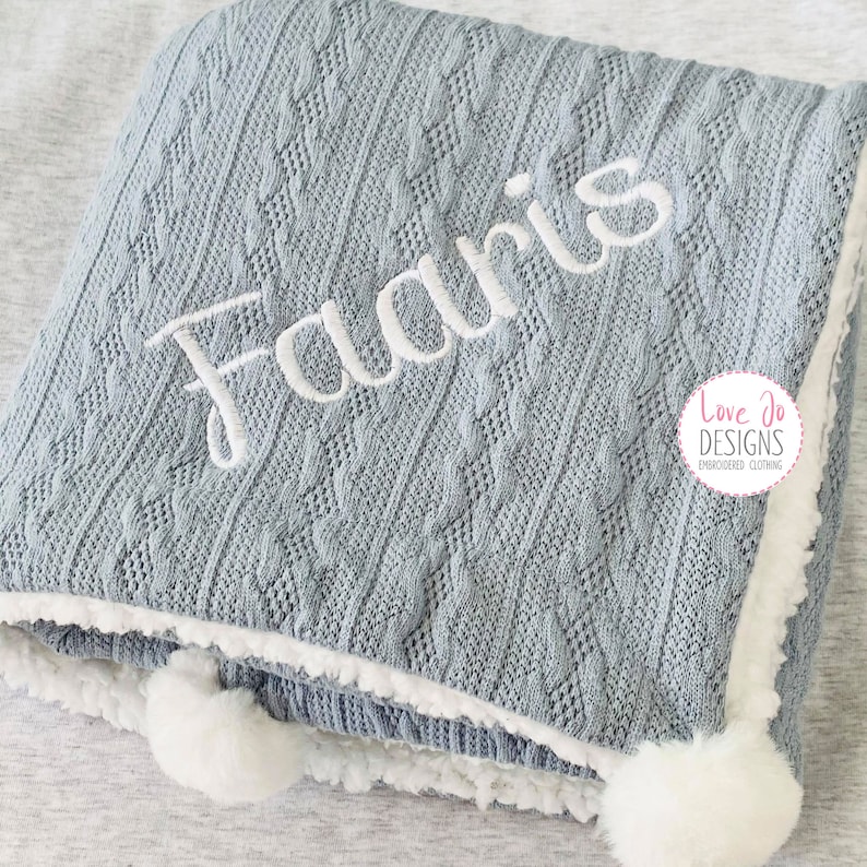 EMBROIDERED CABLE KNIT Blue Blanket - Personalised baby blanket - Boys Baby Gift 