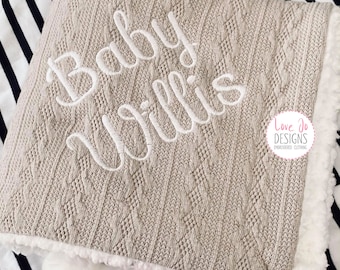 EMBROIDERED CABLE KNIT Grey Blanket - Personalised baby blanket - Boy or Girl Baby Gift