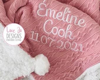 EMBROIDERED CABLE KNIT Dusty Pink Blanket - Personalised baby blanket - Boys/Girls Baby Gift